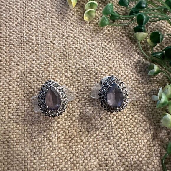 Vintage Purple Amethyst & Rhinestone Clip Earrings in  925 Sterling Setting RARE - Picture 1 of 7